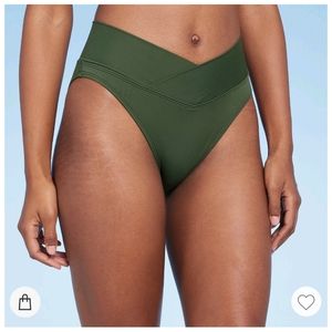 Shade & Shore V-Front Mid-Rise High Leg Cheeky Bikini Bottom Dark Green Small